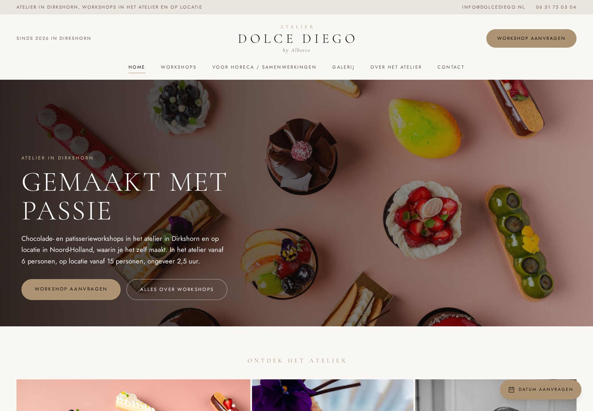 De opgeleverde website van Atelier Dolce Diego